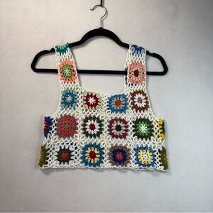 Handmade Crochet Floral White Multicolor Tank Top